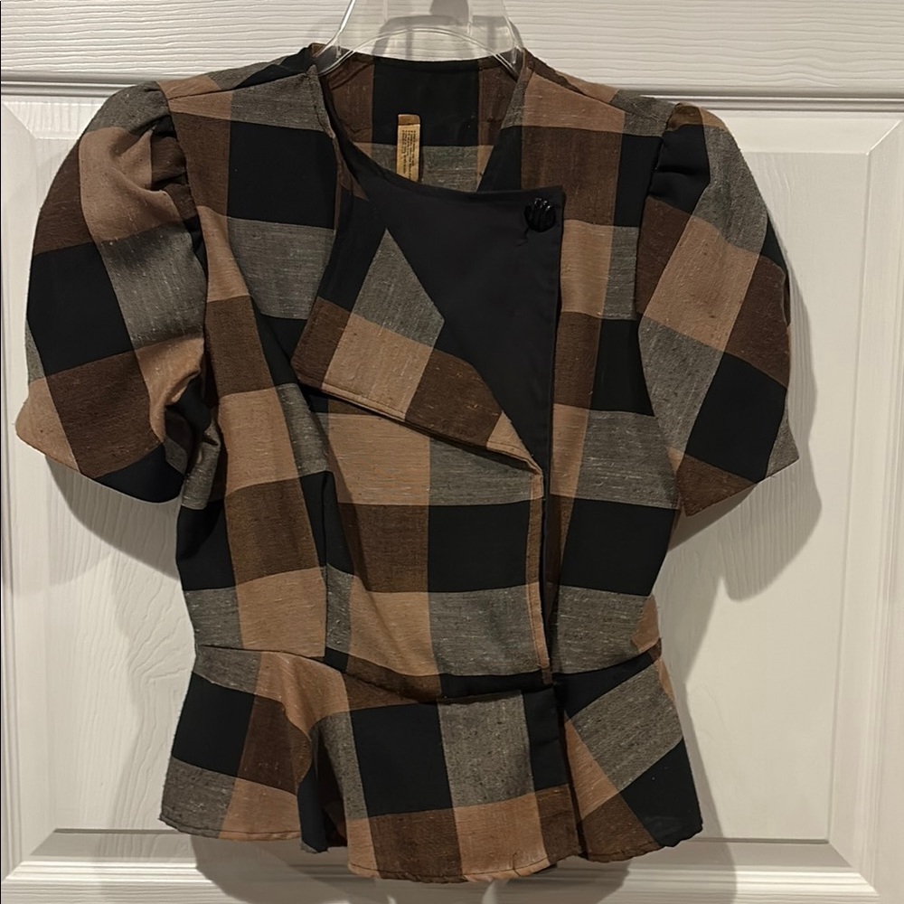 Vintage Plaid Short-Sleeve Puff Shoulder Peplum Top - Brown/Black - Picture 1 of 7